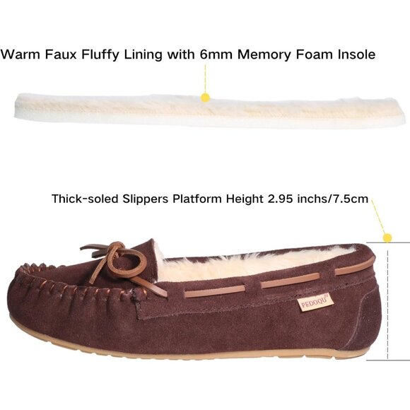 Women's Dark Brown Leather Faux Fur Pile lace Up Cozy Bow Warm Slippers Shoes - Picture 4 of 5